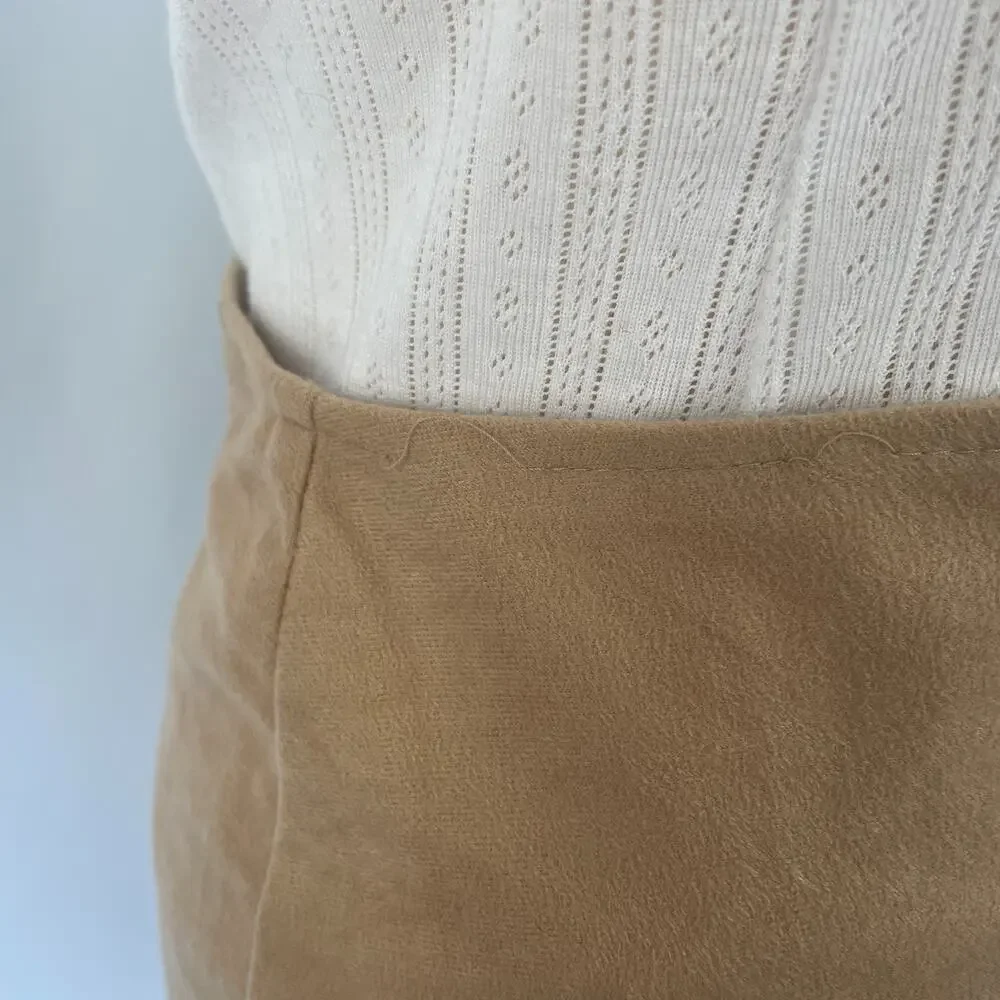 Vintage Pencil Skirt Large Tan Brown Faux Suede Fringe Boho Stretch Rodeo Y2K